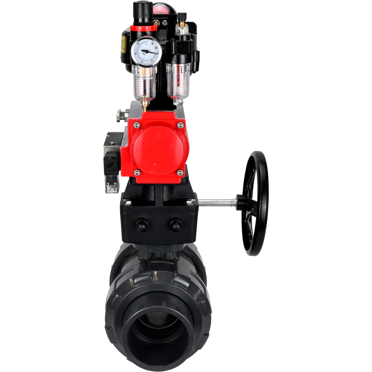 Ball valves Elephant BV4242E-FP-GRM-ISO, body material - UPVC, ball material - UPVC, seal - EPDM, with pneumatic actuator double action PA-DA, pneumatic distributor 4M310-08 220V, LSU APL-510N EX, ATU AFC2000 and handwheel MON