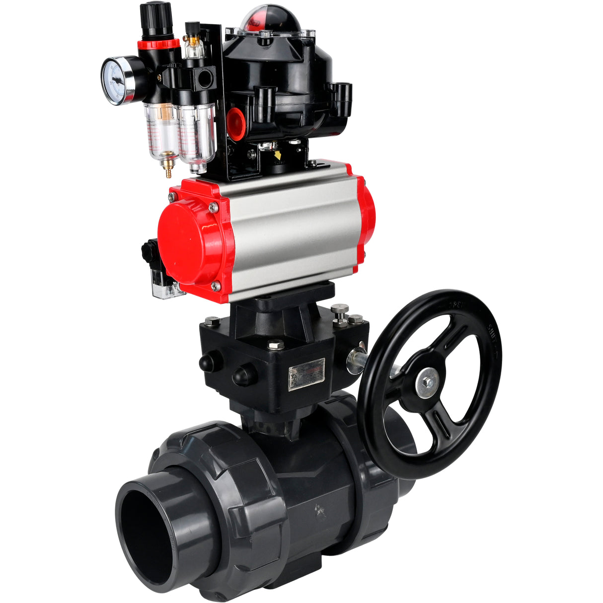 Ball valves Elephant BV4242E-FP-GRM-ISO, body material - UPVC, ball material - UPVC, seal - EPDM, with pneumatic actuator double action PA-DA, pneumatic distributor 4M310-08 220V, LSU APL-510N EX, ATU AFC2000 and handwheel MON