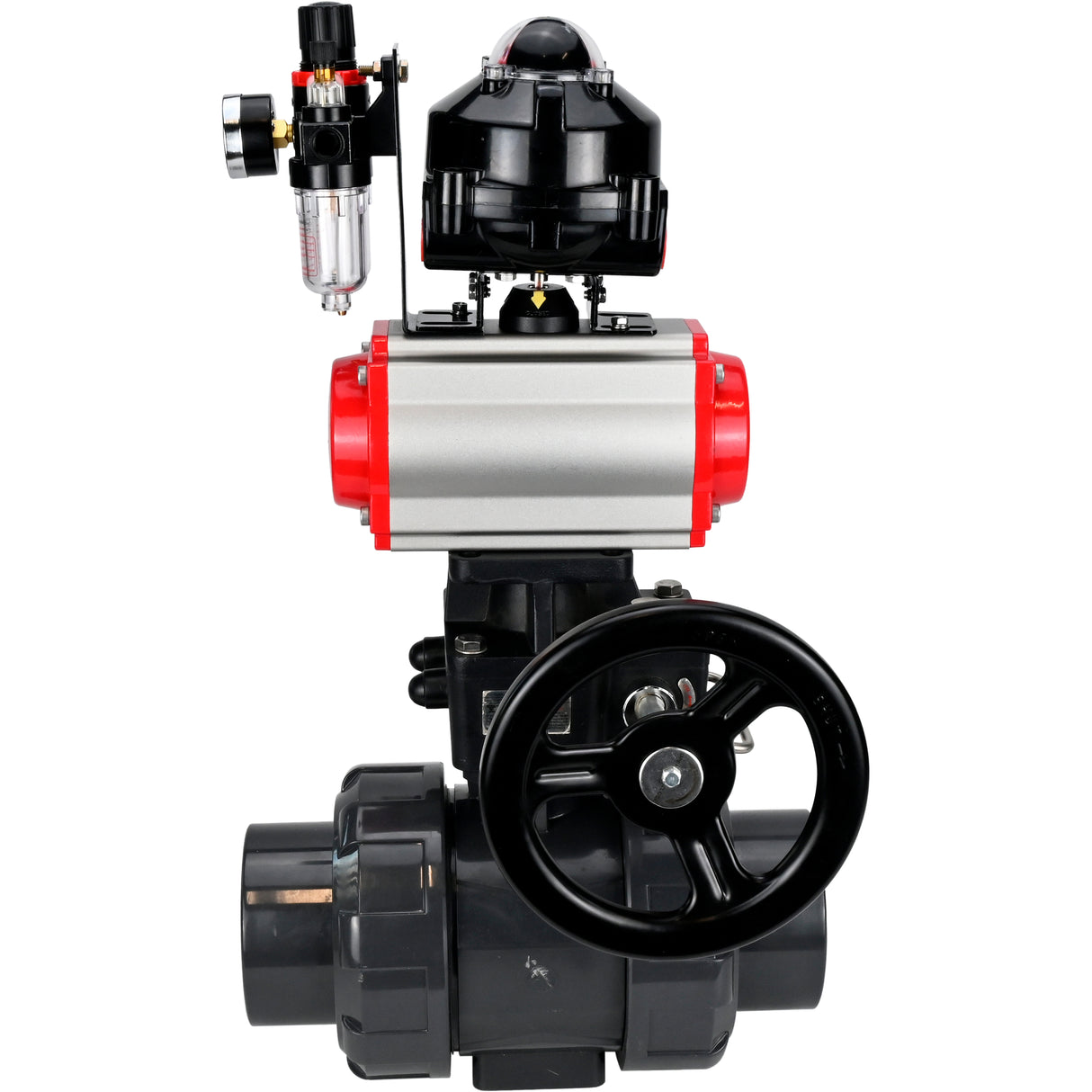 Ball valves Elephant BV4242E-FP-GRM-ISO, body material - UPVC, ball material - UPVC, seal - EPDM, with pneumatic actuator double action PA-DA, pneumatic distributor 4M310-08 220V, LSU APL-510N EX, ATU AFC2000 and handwheel MON
