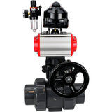 Ball valves Elephant BV4242E-FP-GRM-ISO, body material - UPVC, ball material - UPVC, seal - EPDM, with pneumatic actuator double action PA-DA, pneumatic distributor 4M310-08 220V, LSU APL-510N EX, ATU AFC2000 and handwheel MON