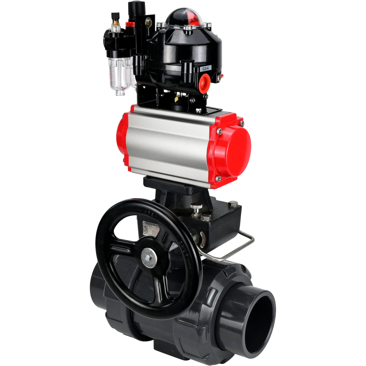Ball valves Elephant BV4242E-FP-GRM-ISO, body material - UPVC, ball material - UPVC, seal - EPDM, with pneumatic actuator double action PA-DA, pneumatic distributor 4M310-08 220V, LSU APL-510N EX, ATU AFC2000 and handwheel MON