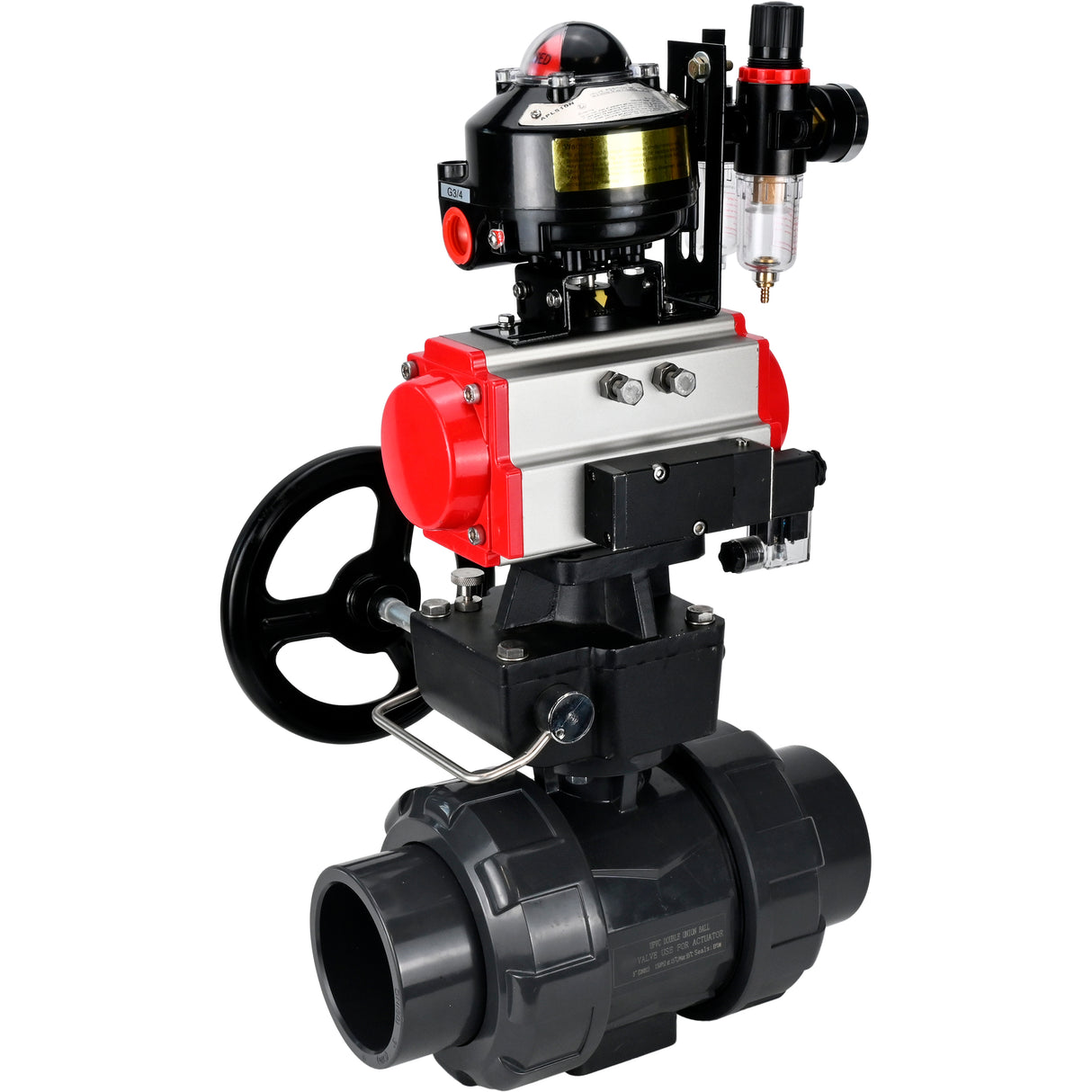 Ball valves Elephant BV4242E-FP-GRM-ISO, body material - UPVC, ball material - UPVC, seal - EPDM, with pneumatic actuator double action PA-DA, pneumatic distributor 4M310-08 220V, LSU APL-510N EX, ATU AFC2000 and handwheel MON
