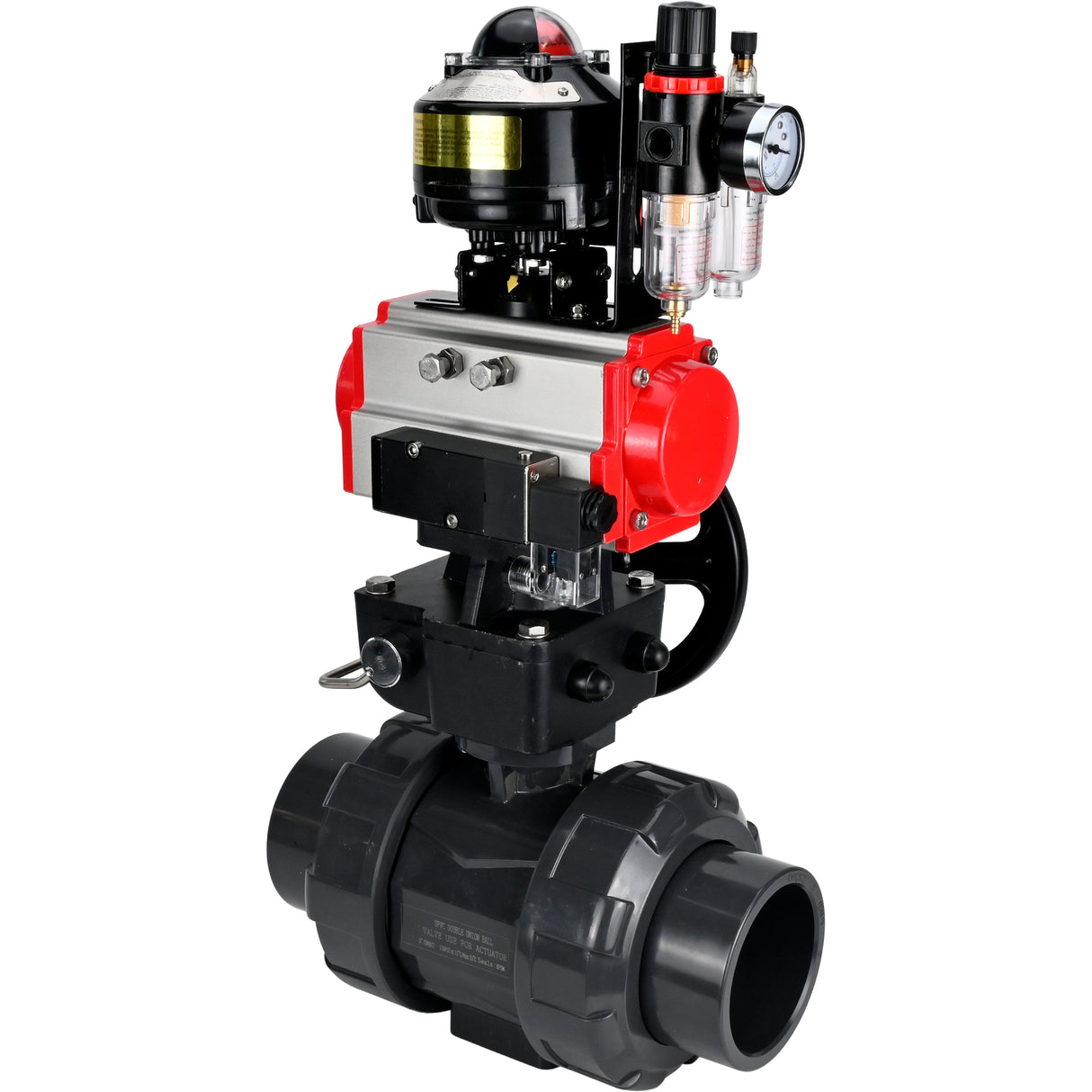 Ball valves Elephant BV4242E-FP-GRM-ISO, body material - UPVC, ball material - UPVC, seal - EPDM, with pneumatic actuator double action PA-DA, pneumatic distributor 4M310-08 24V, LSU APL-510N EX, ATU AFC2000 and handwheel MON