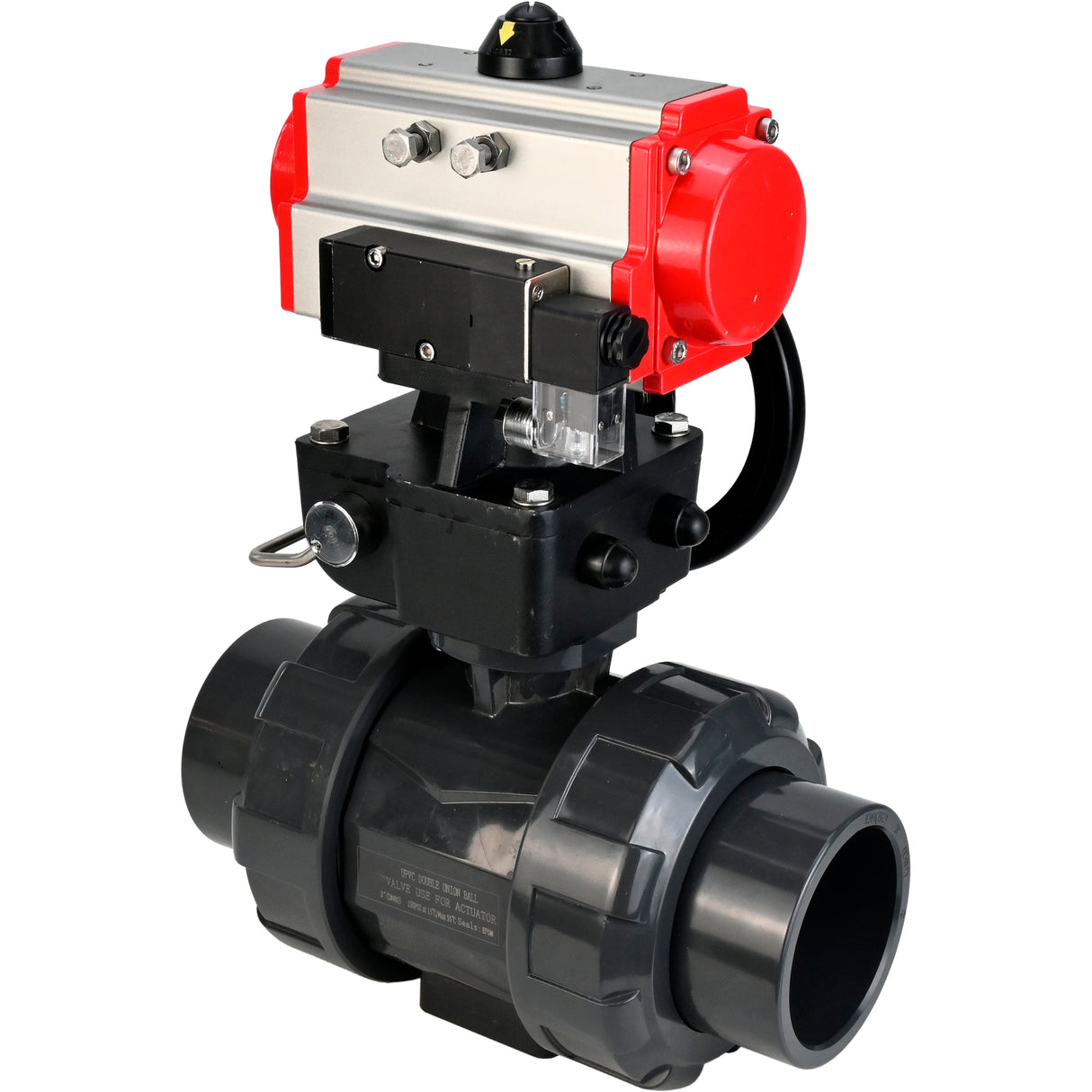 Ball valves Elephant BV4242E-FP-GRM-ISO, body material - UPVC, ball material - UPVC, seal - EPDM, with pneumatic actuator double action PA-DA, pneumatic distributor 4M310-08 220V and handwheel MON