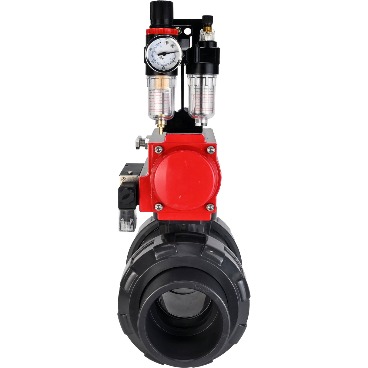 Ball valves Elephant BV4242E-FP-GRM-ISO, body material - UPVC, ball material - UPVC, seal - EPDM, with pneumatic actuator double action PA-DA, pneumatic distributor 4M310-08 220V and ATU AFC2000