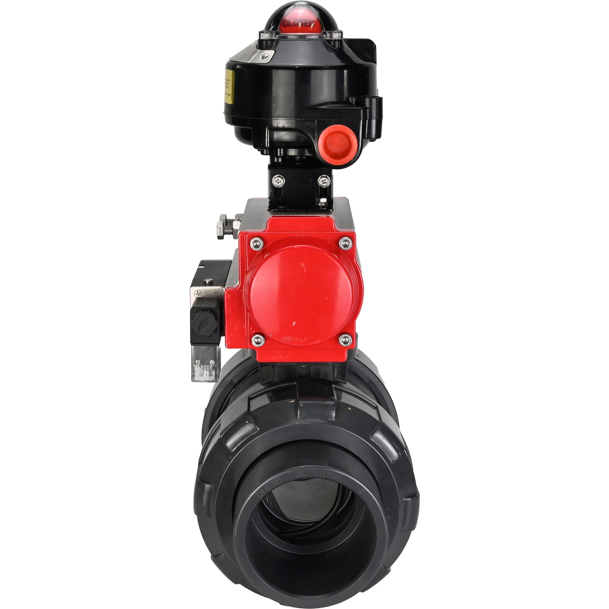 Ball valves Elephant BV4242E-FP-GRM-ISO, body material - UPVC, ball material - UPVC, seal - EPDM, with pneumatic actuator double action PA-DA, pneumatic distributor 4M310-08 24V and LSU APL-510N EX