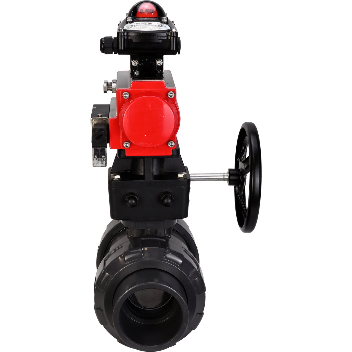 Ball valves Elephant BV4242E-FP-GRM-ISO, body material - UPVC, ball material - UPVC, seal - EPDM, with pneumatic actuator double action PA-DA, pneumatic distributor 4M310-08 24V, LSU APL-210N EX and handwheel MON