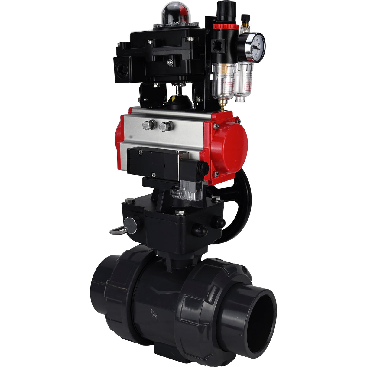 Ball valves Elephant BV4242E-FP-GRM-ISO, body material - UPVC, ball material - UPVC, seal - EPDM, with pneumatic actuator double action PA-DA, pneumatic distributor 4M310-08 24V, LSU APL-410N EX, ATU AFC2000 and handwheel MON