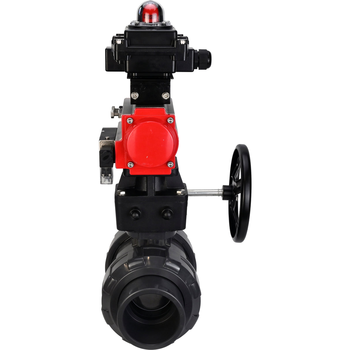 Ball valves Elephant BV4242E-FP-GRM-ISO, body material - UPVC, ball material - UPVC, seal - EPDM, with pneumatic actuator double action PA-DA, pneumatic distributor 4M310-08 24V, LSU APL-410N EX and handwheel MON