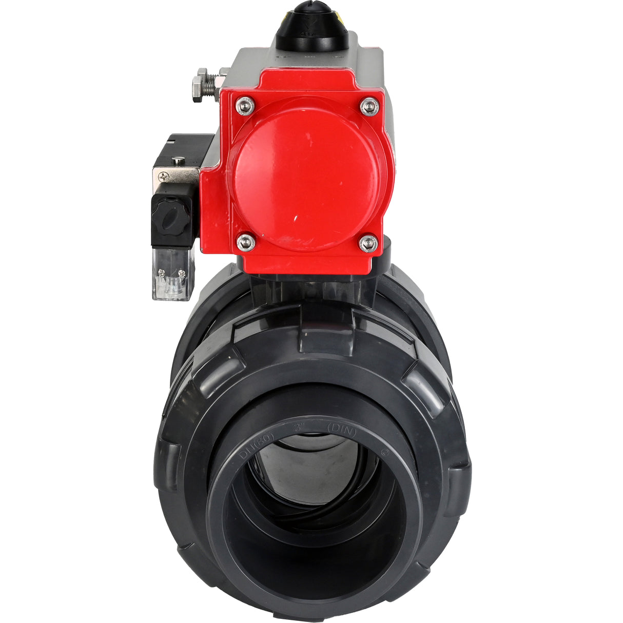 Ball valves Elephant BV4242E-FP-GRM-ISO, body material - UPVC, ball material - UPVC, seal - EPDM, with pneumatic actuator double action PA-DA and pneumatic distributor 4M310-08 220V