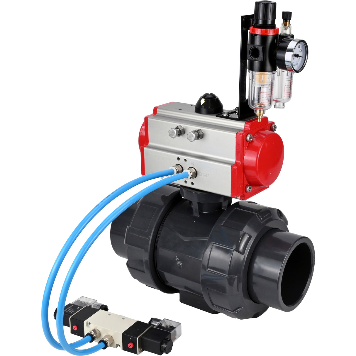 Ball valves Elephant BV4242E-FP-GRM-ISO, body material - UPVC, ball material - UPVC, seal - EPDM, with pneumatic actuator double action PA-DA, pneumatic distributor 4V320-10 220V and ATU AFC2000