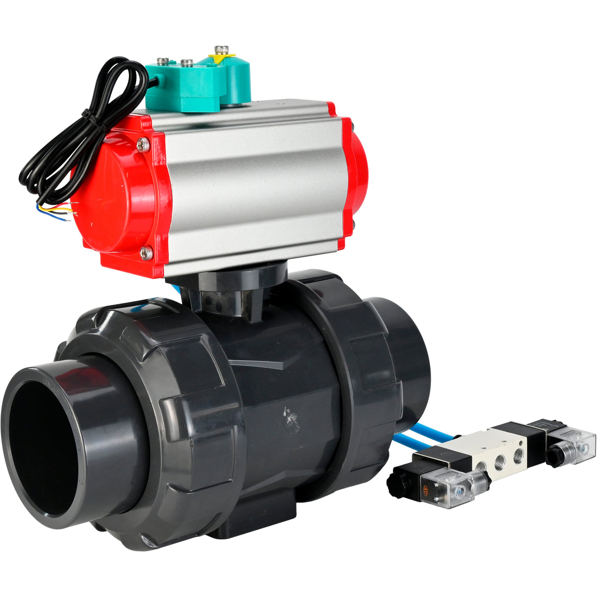 Ball valves Elephant BV4242E-FP-GRM-ISO, body material - UPVC, ball material - UPVC, seal - EPDM, with pneumatic actuator double action PA-DA, pneumatic distributor 4V320-08 220V and magnetic switch ALS200D