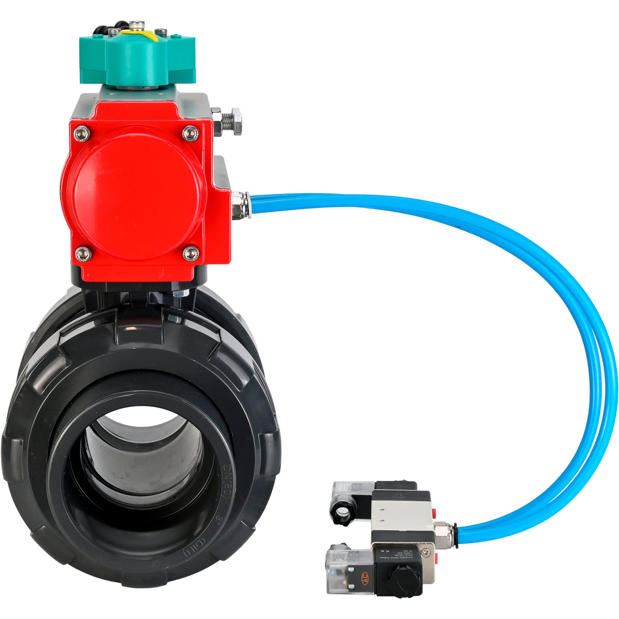 Ball valves Elephant BV4242E-FP-GRM-ISO, body material - UPVC, ball material - UPVC, seal - EPDM, with pneumatic actuator double action PA-DA, pneumatic distributor 4V320-08 220V and magnetic switch ALS200D