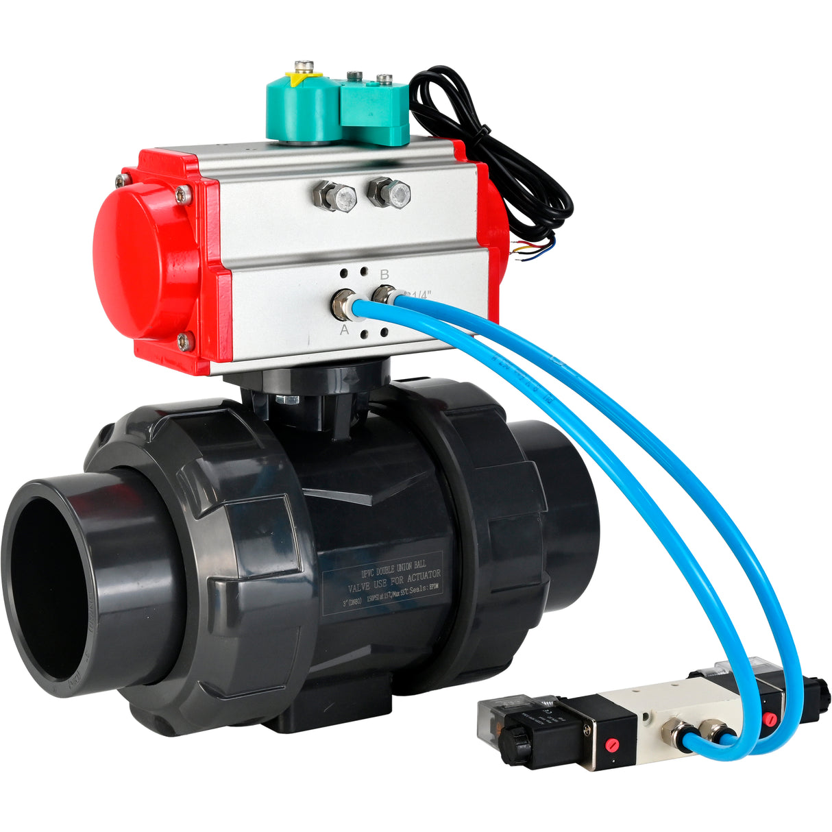 Ball valves Elephant BV4242E-FP-GRM-ISO, body material - UPVC, ball material - UPVC, seal - EPDM, with pneumatic actuator double action PA-DA, pneumatic distributor 4V320-08 220V and magnetic switch ALS200D