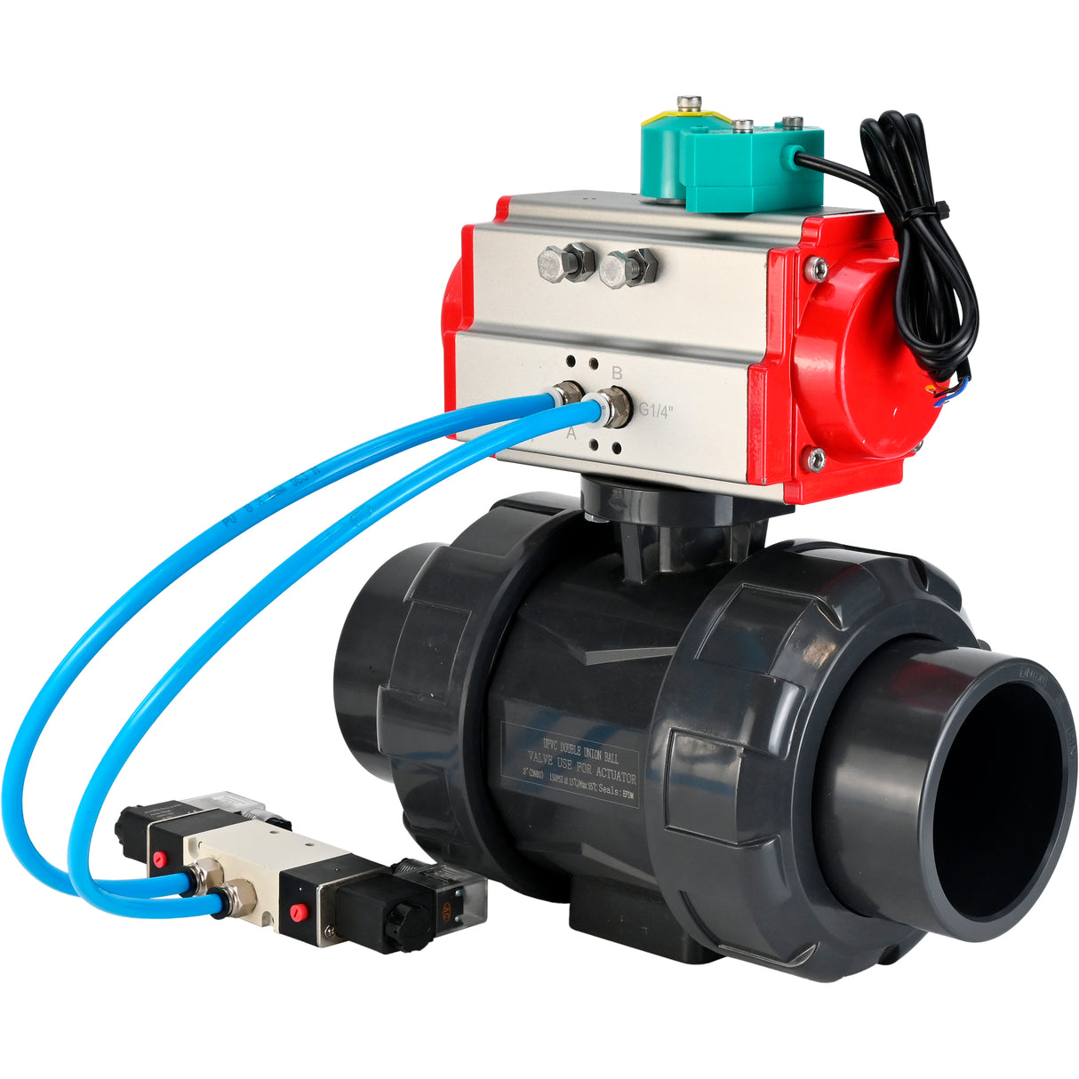 Ball valves Elephant BV4242E-FP-GRM-ISO, body material - UPVC, ball material - UPVC, seal - EPDM, with pneumatic actuator double action PA-DA, pneumatic distributor 4V320-10 220V and magnetic switch ALS200D