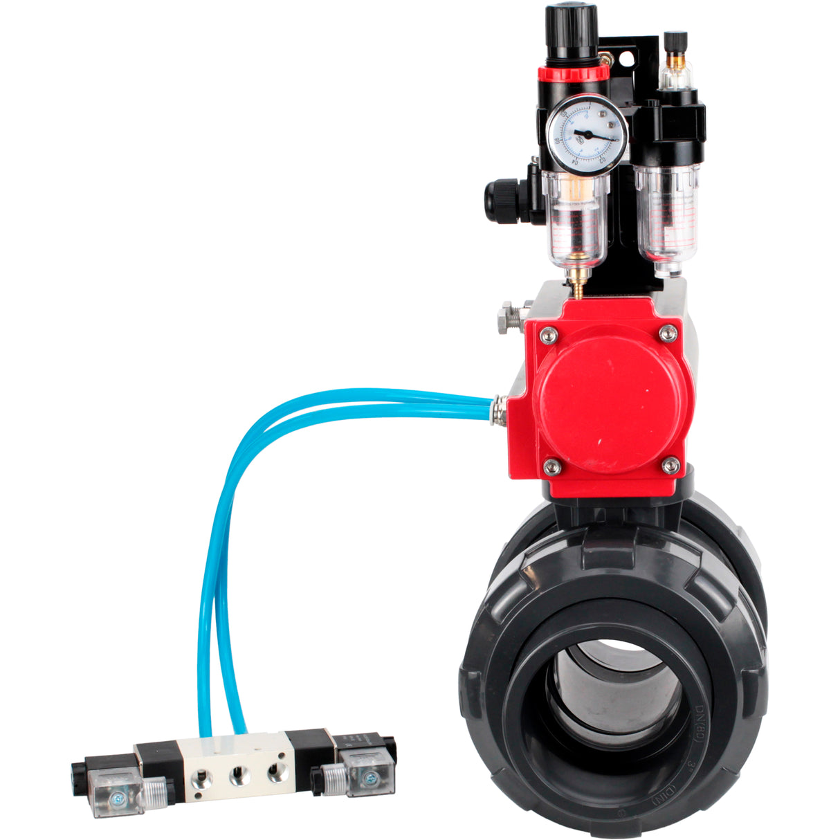 Ball valves Elephant BV4242E-FP-GRM-ISO, body material - UPVC, ball material - UPVC, seal - EPDM, with pneumatic actuator double action PA-DA, pneumatic distributor 4V320-08 220V, LSU APL-210N and ATU AFC2000