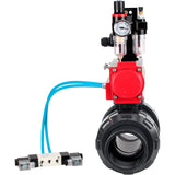 Ball valves Elephant BV4242E-FP-GRM-ISO, body material - UPVC, ball material - UPVC, seal - EPDM, with pneumatic actuator double action PA-DA, pneumatic distributor 4V320-08 220V, LSU APL-210N and ATU AFC2000