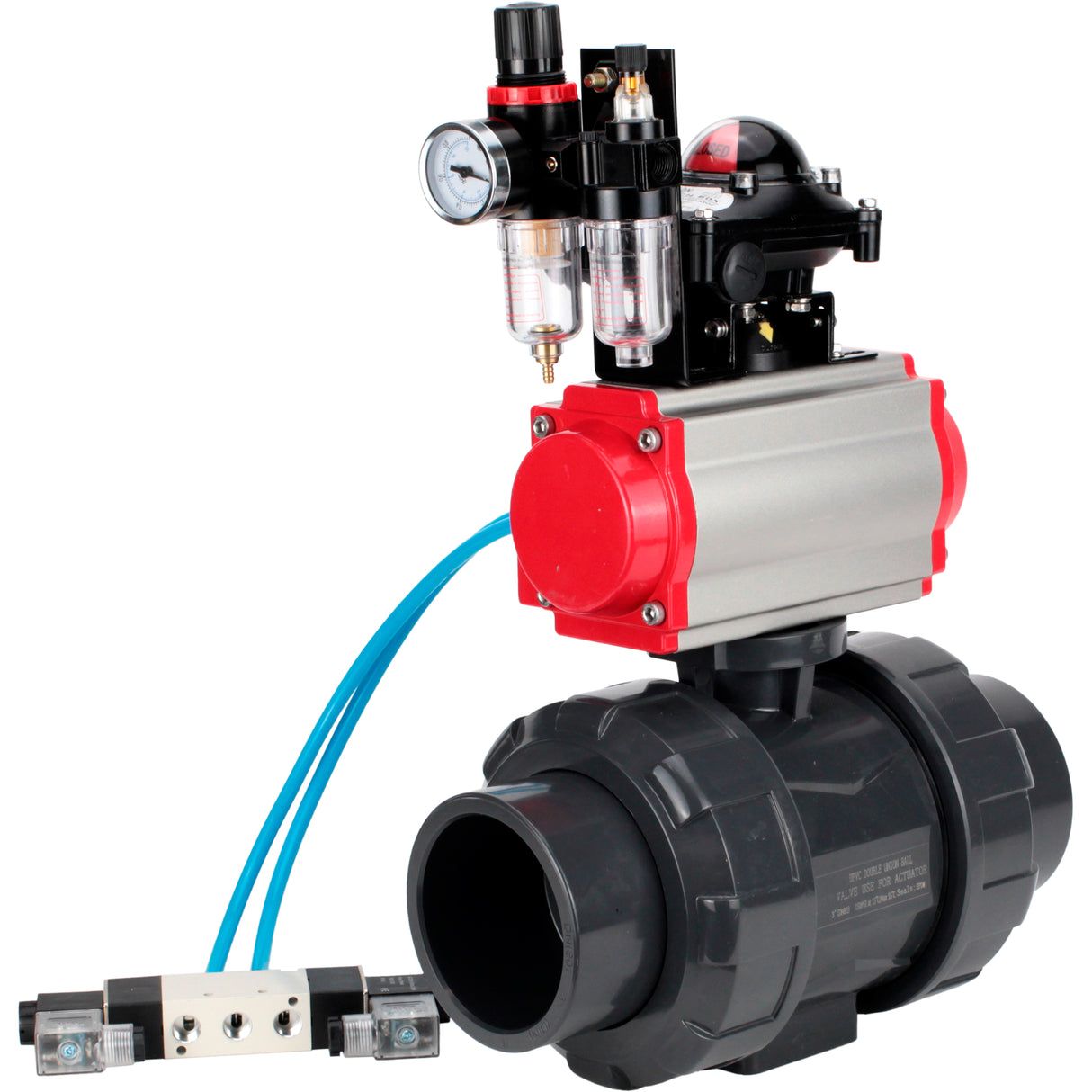 Ball valves Elephant BV4242E-FP-GRM-ISO, body material - UPVC, ball material - UPVC, seal - EPDM, with pneumatic actuator double action PA-DA, pneumatic distributor 4V320-08 220V, LSU APL-210N and ATU AFC2000