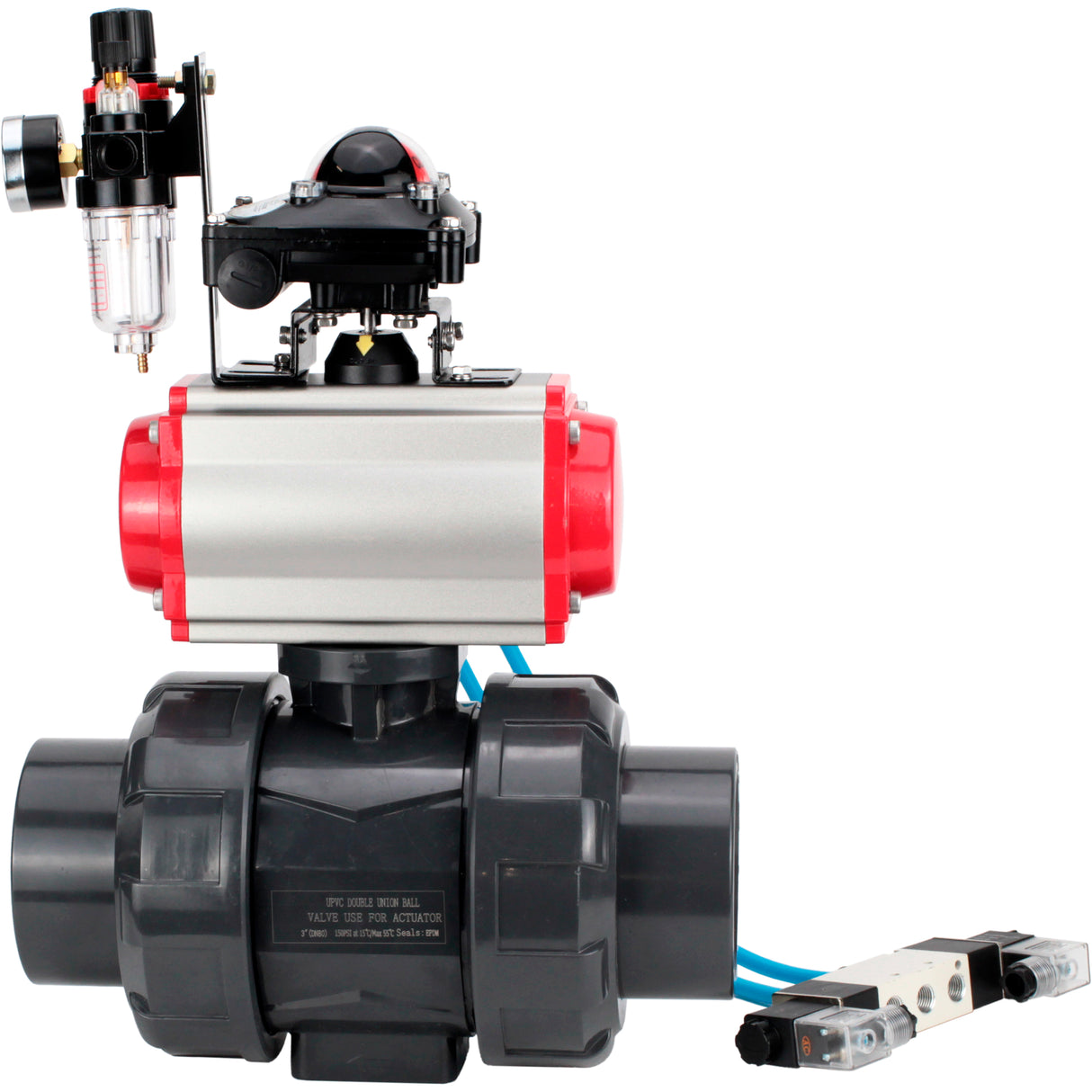 Ball valves Elephant BV4242E-FP-GRM-ISO, body material - UPVC, ball material - UPVC, seal - EPDM, with pneumatic actuator double action PA-DA, pneumatic distributor 4V320-08 220V, LSU APL-210N and ATU AFC2000