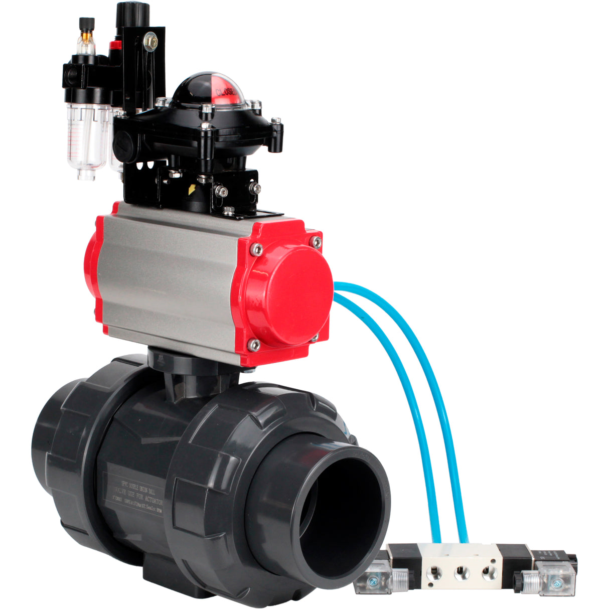 Ball valves Elephant BV4242E-FP-GRM-ISO, body material - UPVC, ball material - UPVC, seal - EPDM, with pneumatic actuator double action PA-DA, pneumatic distributor 4V320-08 220V, LSU APL-210N and ATU AFC2000