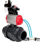 Ball valves Elephant BV4242E-FP-GRM-ISO, body material - UPVC, ball material - UPVC, seal - EPDM, with pneumatic actuator double action PA-DA, pneumatic distributor 4V320-08 220V, LSU APL-210N and ATU AFC2000