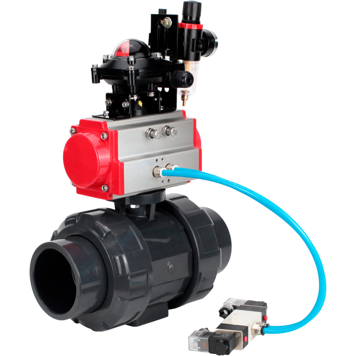 Ball valves Elephant BV4242E-FP-GRM-ISO, body material - UPVC, ball material - UPVC, seal - EPDM, with pneumatic actuator double action PA-DA, pneumatic distributor 4V320-08 220V, LSU APL-210N and ATU AFC2000