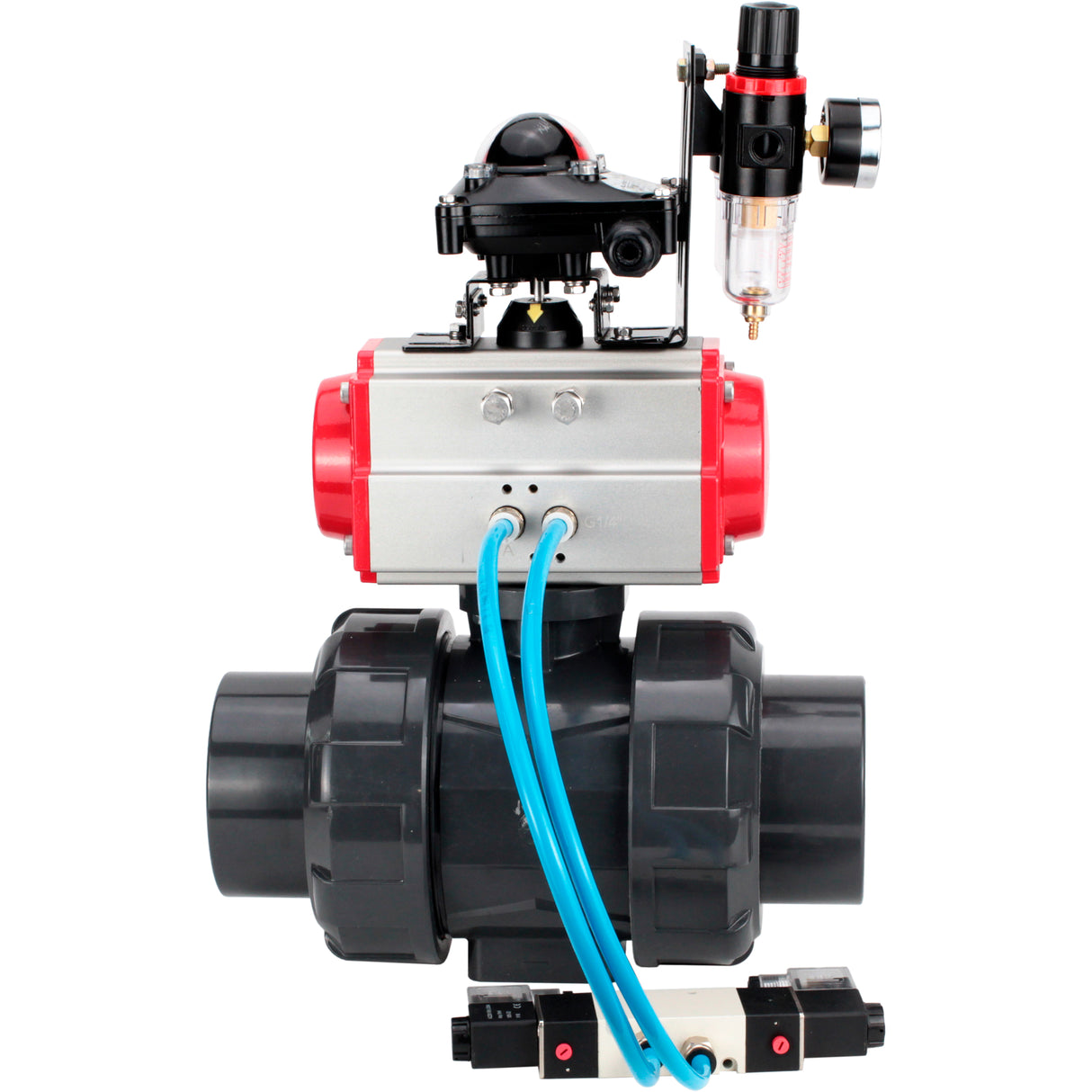 Ball valves Elephant BV4242E-FP-GRM-ISO, body material - UPVC, ball material - UPVC, seal - EPDM, with pneumatic actuator double action PA-DA, pneumatic distributor 4V320-08 220V, LSU APL-210N and ATU AFC2000