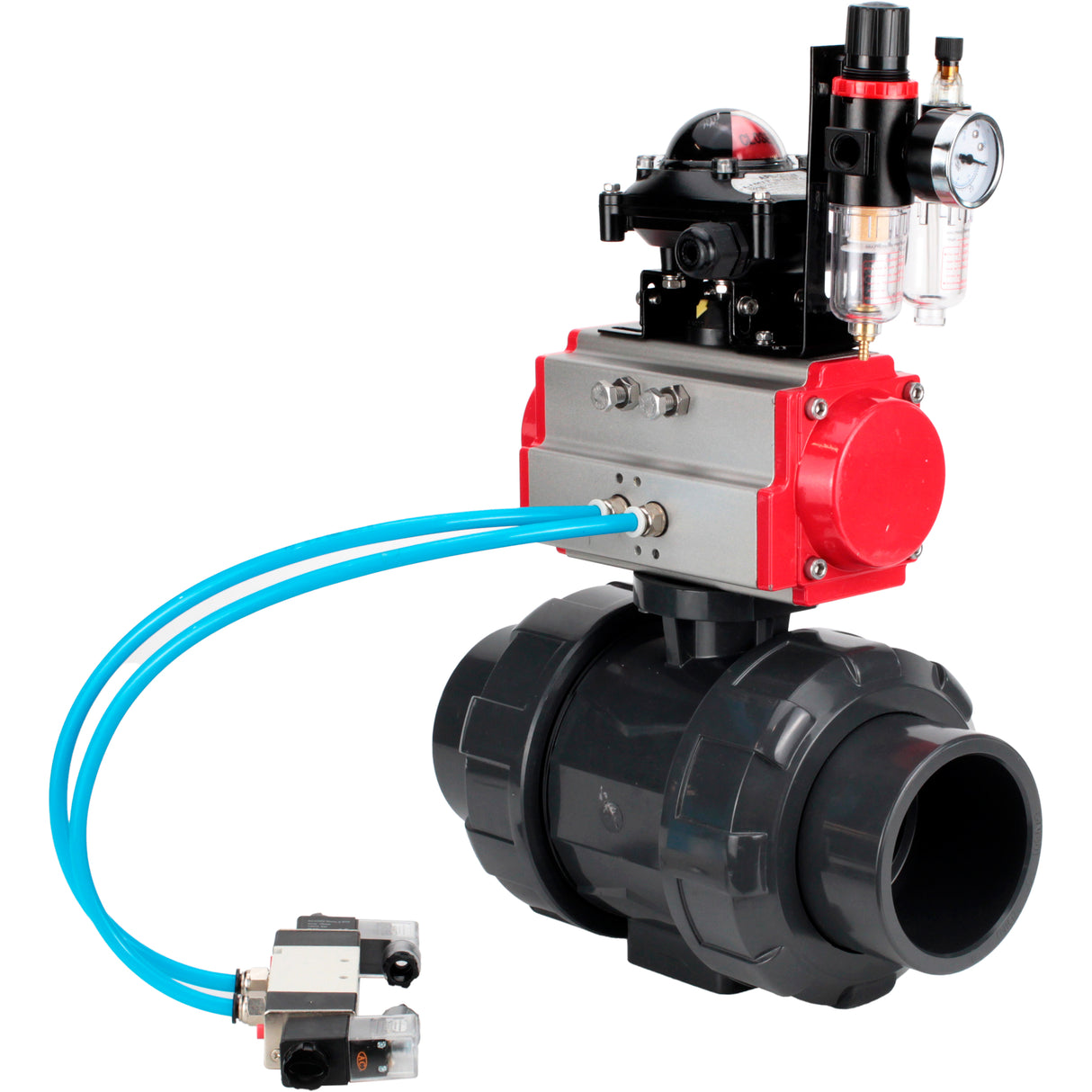 Ball valves Elephant BV4242E-FP-GRM-ISO, body material - UPVC, ball material - UPVC, seal - EPDM, with pneumatic actuator double action PA-DA, pneumatic distributor 4V320-10 220V, LSU APL-210N and ATU AFC2000