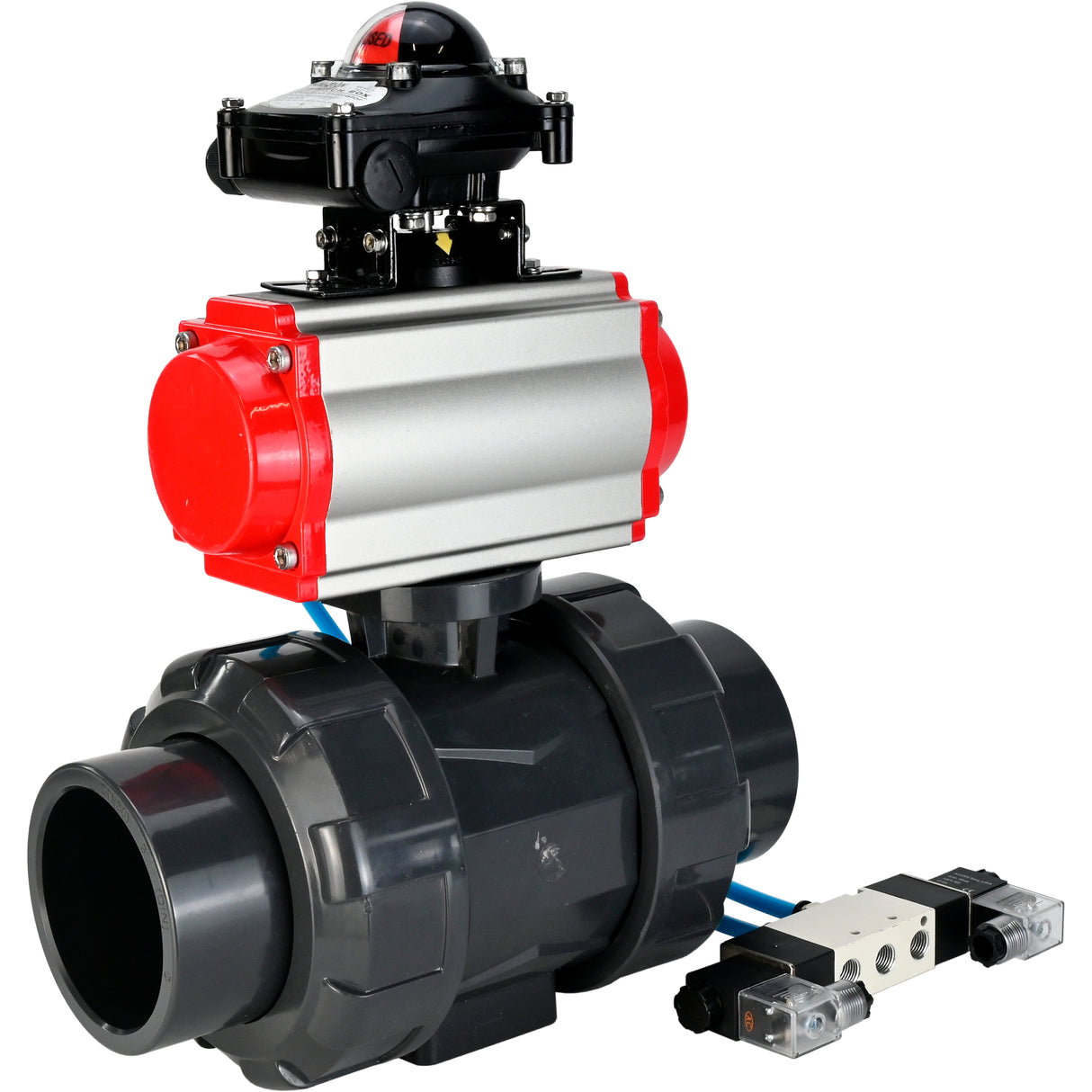 Ball valves Elephant BV4242E-FP-GRM-ISO, body material - UPVC, ball material - UPVC, seal - EPDM, with pneumatic actuator double action PA-DA, pneumatic distributor 4V320-10 220V and LSU APL-210N