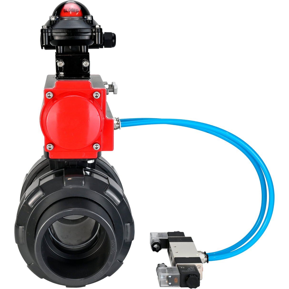 Ball valves Elephant BV4242E-FP-GRM-ISO, body material - UPVC, ball material - UPVC, seal - EPDM, with pneumatic actuator double action PA-DA, pneumatic distributor 4V320-10 220V and LSU APL-210N