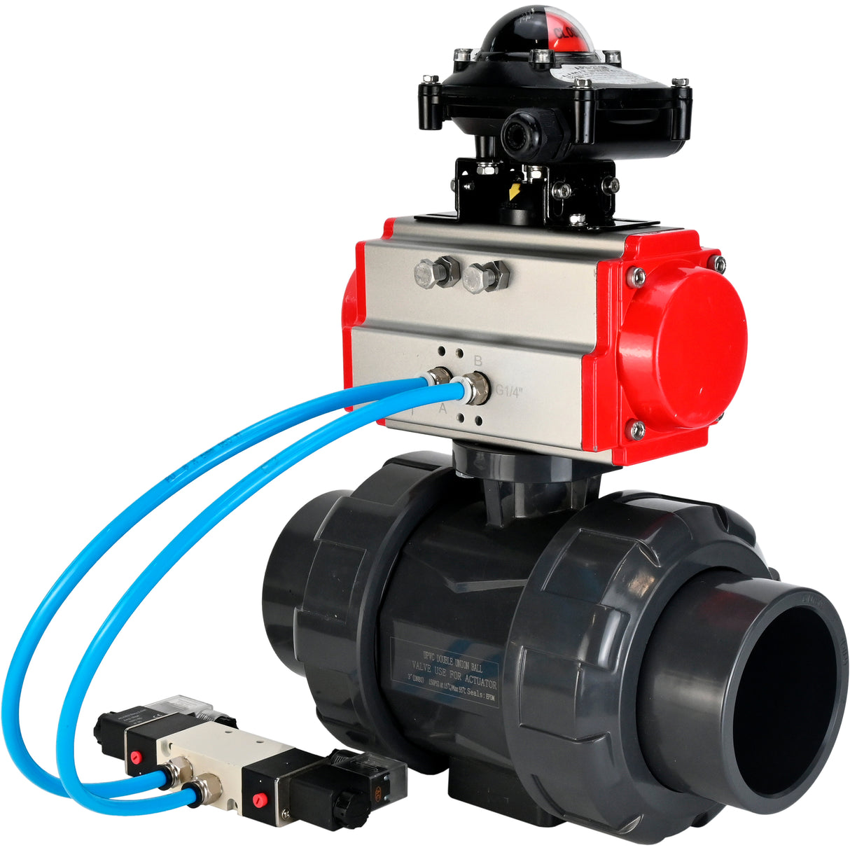 Ball valves Elephant BV4242E-FP-GRM-ISO, body material - UPVC, ball material - UPVC, seal - EPDM, with pneumatic actuator double action PA-DA, pneumatic distributor 4V320-08 220V and LSU APL-210N EX