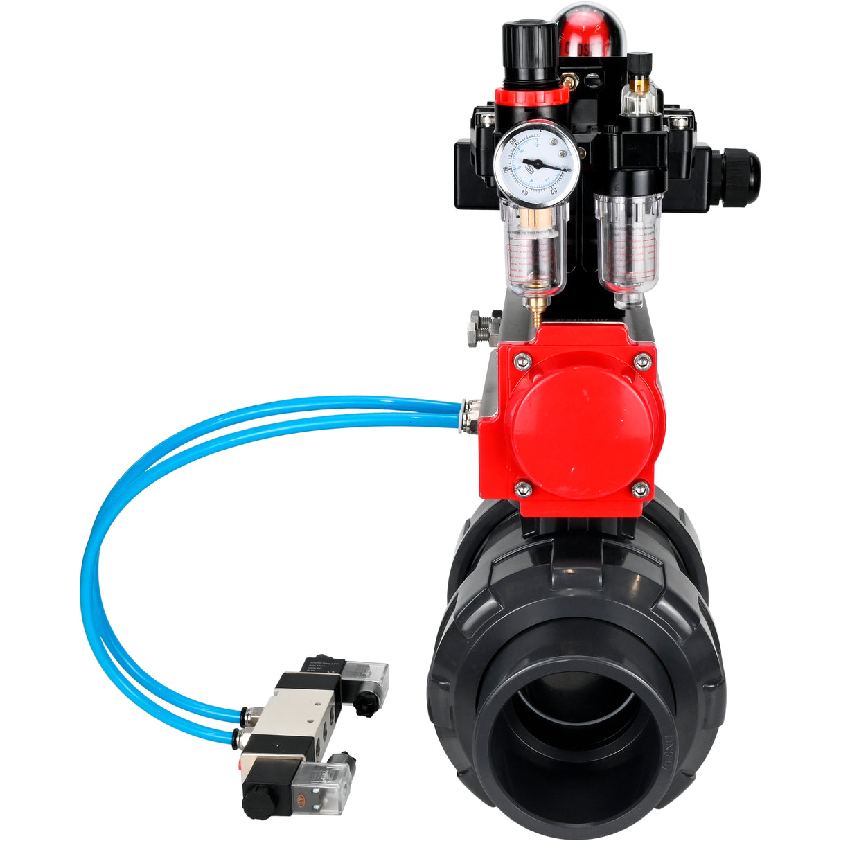 Ball valves Elephant BV4242E-FP-GRM-ISO, body material - UPVC, ball material - UPVC, seal - EPDM, with pneumatic actuator double action PA-DA, pneumatic distributor 4V320-10 220V, LSU APL-410N EX and ATU AFC2000