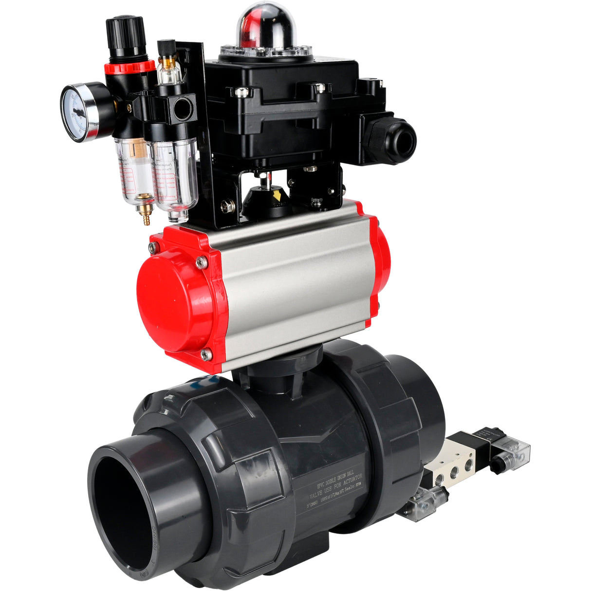 Ball valves Elephant BV4242E-FP-GRM-ISO, body material - UPVC, ball material - UPVC, seal - EPDM, with pneumatic actuator double action PA-DA, pneumatic distributor 4V320-10 220V, LSU APL-410N EX and ATU AFC2000