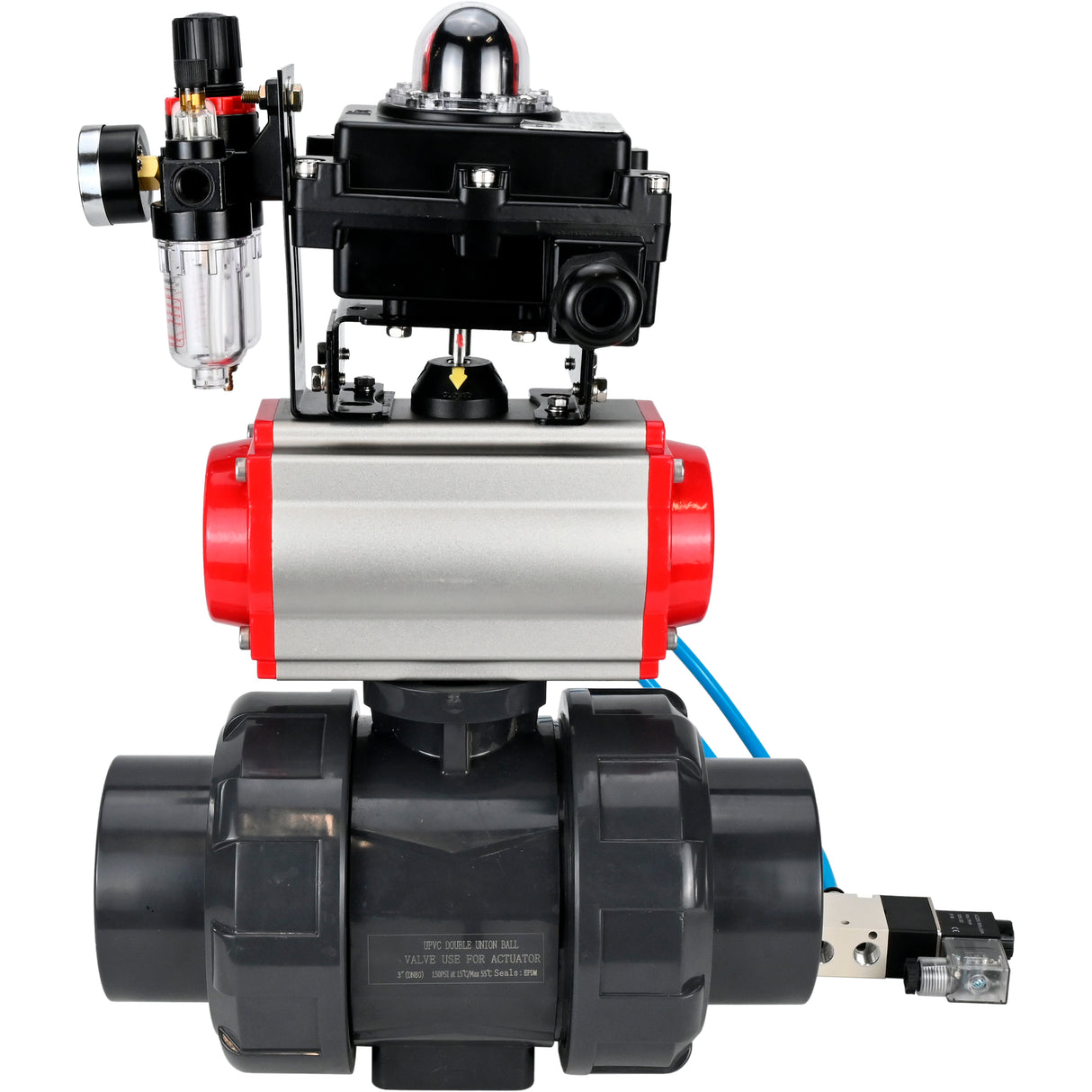 Ball valves Elephant BV4242E-FP-GRM-ISO, body material - UPVC, ball material - UPVC, seal - EPDM, with pneumatic actuator double action PA-DA, pneumatic distributor 4V320-10 220V, LSU APL-410N EX and ATU AFC2000