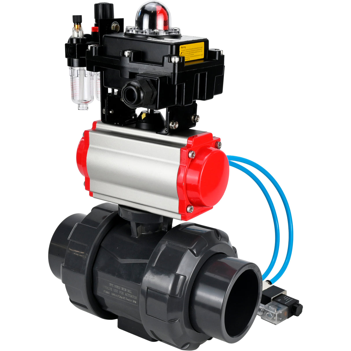 Ball valves Elephant BV4242E-FP-GRM-ISO, body material - UPVC, ball material - UPVC, seal - EPDM, with pneumatic actuator double action PA-DA, pneumatic distributor 4V320-10 220V, LSU APL-410N EX and ATU AFC2000