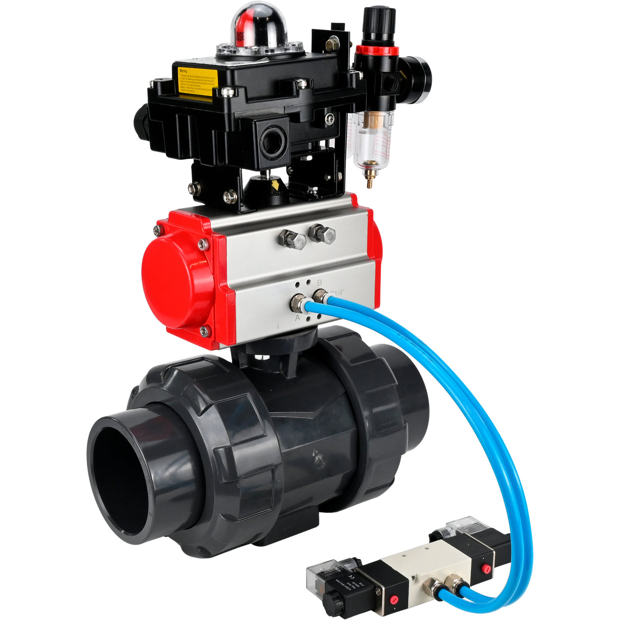 Ball valves Elephant BV4242E-FP-GRM-ISO, body material - UPVC, ball material - UPVC, seal - EPDM, with pneumatic actuator double action PA-DA, pneumatic distributor 4V320-10 220V, LSU APL-410N EX and ATU AFC2000