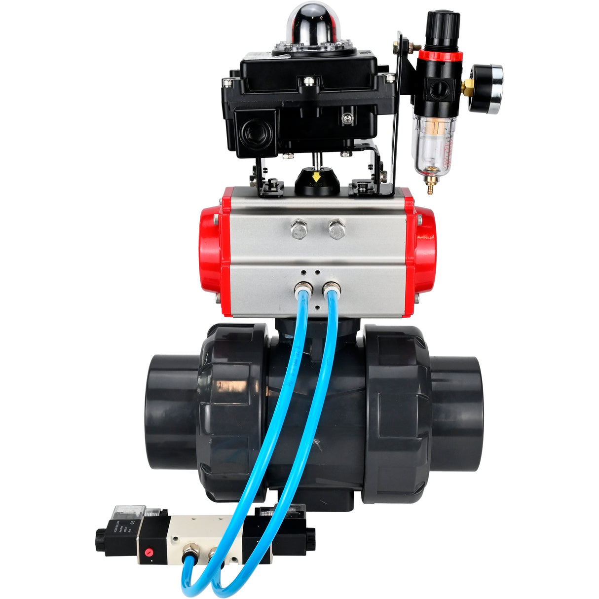 Ball valves Elephant BV4242E-FP-GRM-ISO, body material - UPVC, ball material - UPVC, seal - EPDM, with pneumatic actuator double action PA-DA, pneumatic distributor 4V320-10 220V, LSU APL-410N EX and ATU AFC2000
