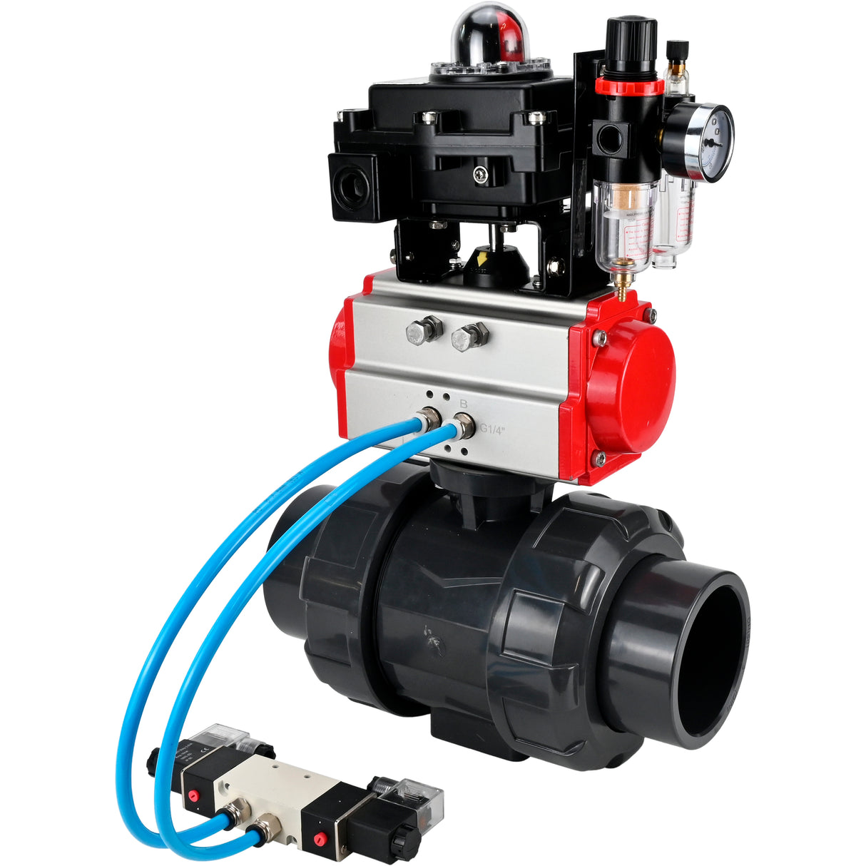 Ball valves Elephant BV4242E-FP-GRM-ISO, body material - UPVC, ball material - UPVC, seal - EPDM, with pneumatic actuator double action PA-DA, pneumatic distributor 4V320-10 220V, LSU APL-410N EX and ATU AFC2000