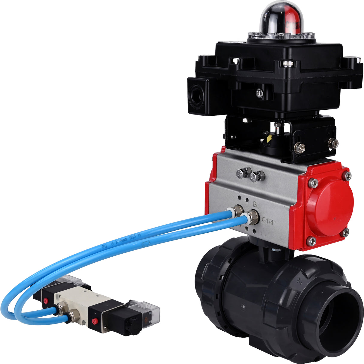 Ball valves Elephant BV4242E-FP-GRM-ISO, body material - UPVC, ball material - UPVC, seal - EPDM, with pneumatic actuator double action PA-DA, pneumatic distributor 4V320-10 220V and LSU APL-410N EX