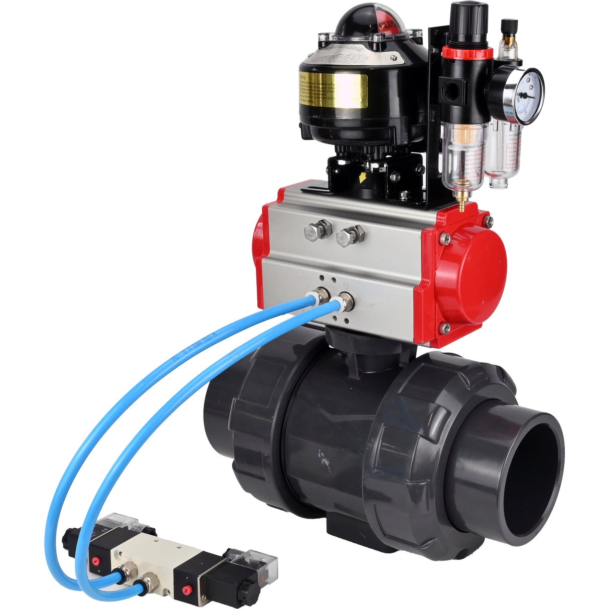 Ball valves Elephant BV4242E-FP-GRM-ISO, body material - UPVC, ball material - UPVC, seal - EPDM, with pneumatic actuator double action PA-DA, pneumatic distributor 4V320-10 220V, LSU APL-510N EX and ATU AFC2000
