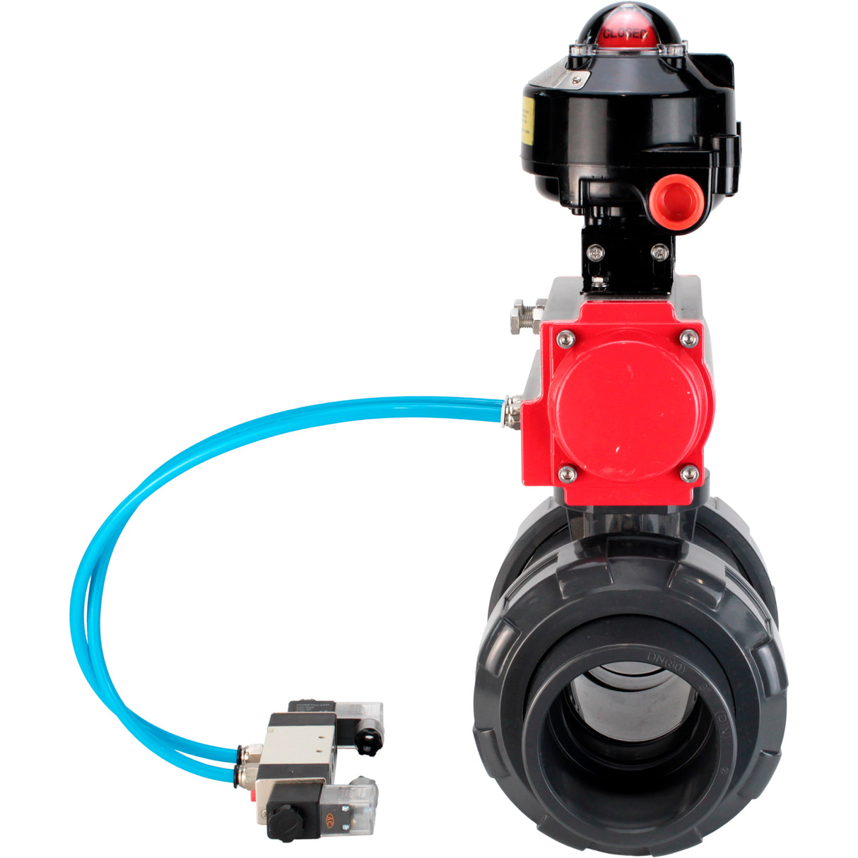 Ball valves Elephant BV4242E-FP-GRM-ISO, body material - UPVC, ball material - UPVC, seal - EPDM, with pneumatic actuator double action PA-DA, pneumatic distributor 4V320-08 220V and LSU APL-510N EX