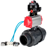 Ball valves Elephant BV4242E-FP-GRM-ISO, body material - UPVC, ball material - UPVC, seal - EPDM, with pneumatic actuator double action PA-DA, pneumatic distributor 4V320-08 220V and LSU APL-510N EX
