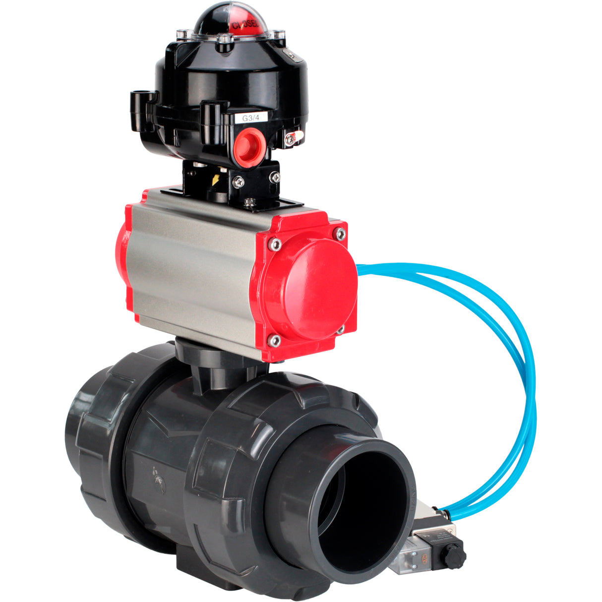 Ball valves Elephant BV4242E-FP-GRM-ISO, body material - UPVC, ball material - UPVC, seal - EPDM, with pneumatic actuator double action PA-DA, pneumatic distributor 4V320-08 220V and LSU APL-510N EX