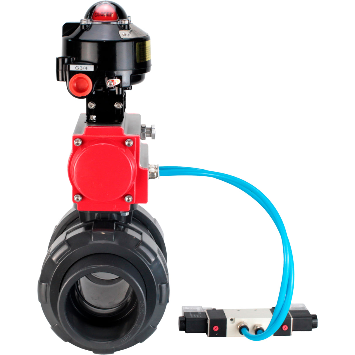 Ball valves Elephant BV4242E-FP-GRM-ISO, body material - UPVC, ball material - UPVC, seal - EPDM, with pneumatic actuator double action PA-DA, pneumatic distributor 4V320-08 220V and LSU APL-510N EX