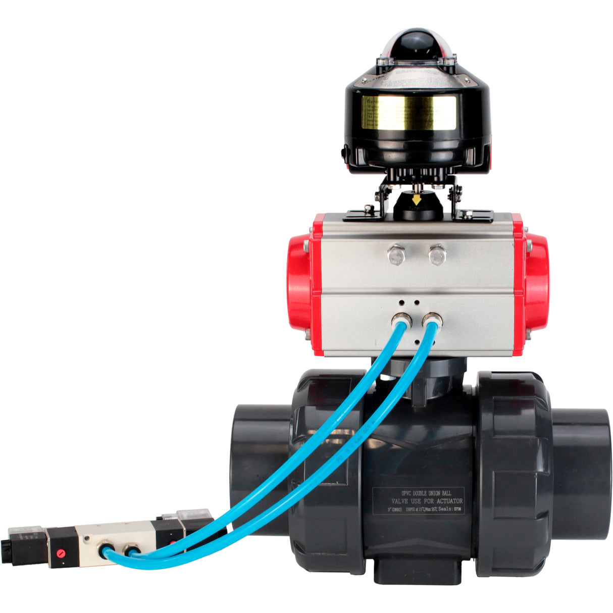 Ball valves Elephant BV4242E-FP-GRM-ISO, body material - UPVC, ball material - UPVC, seal - EPDM, with pneumatic actuator double action PA-DA, pneumatic distributor 4V320-08 220V and LSU APL-510N EX