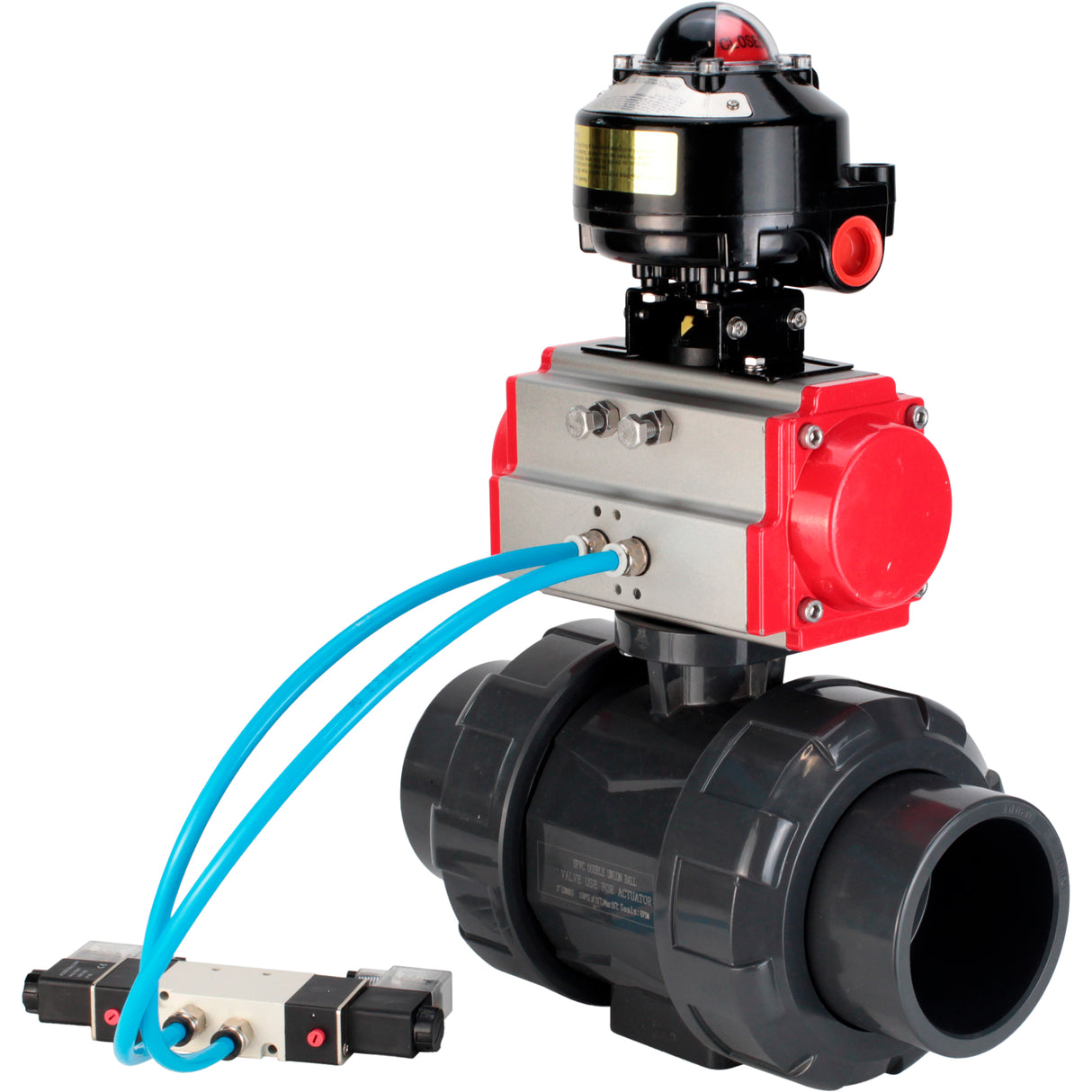 Ball valves Elephant BV4242E-FP-GRM-ISO, body material - UPVC, ball material - UPVC, seal - EPDM, with pneumatic actuator double action PA-DA, pneumatic distributor 4V320-08 220V and LSU APL-510N EX