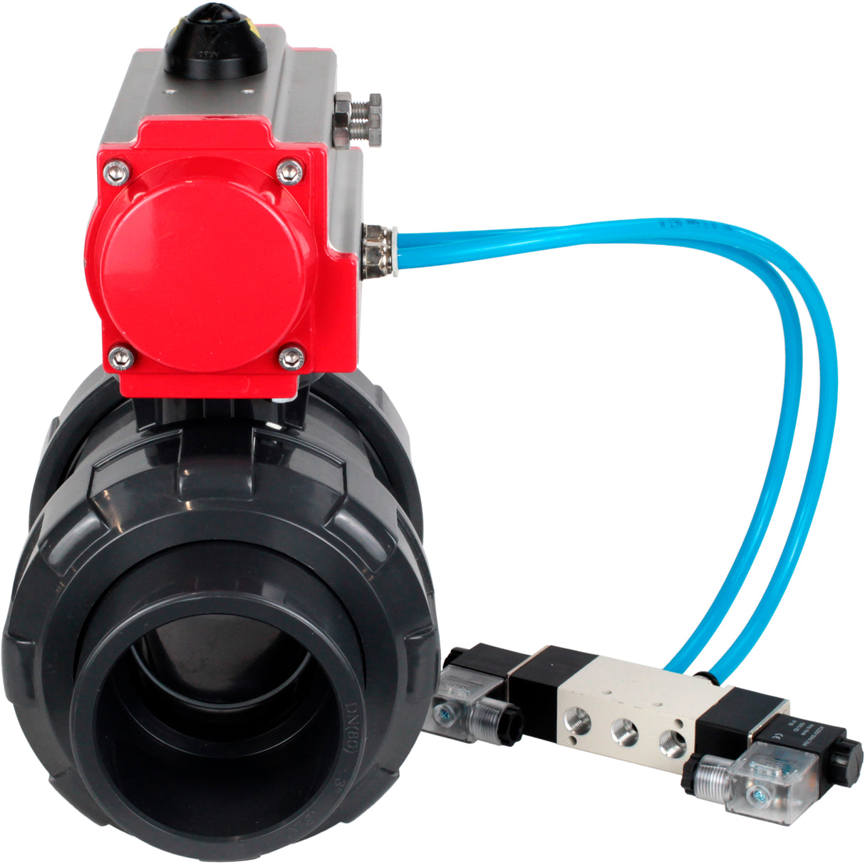 Ball valves Elephant BV4242E-FP-GRM-ISO, body material - UPVC, ball material - UPVC, seal - EPDM, with pneumatic actuator double action PA-DA and pneumatic distributor 4V320-10 220V