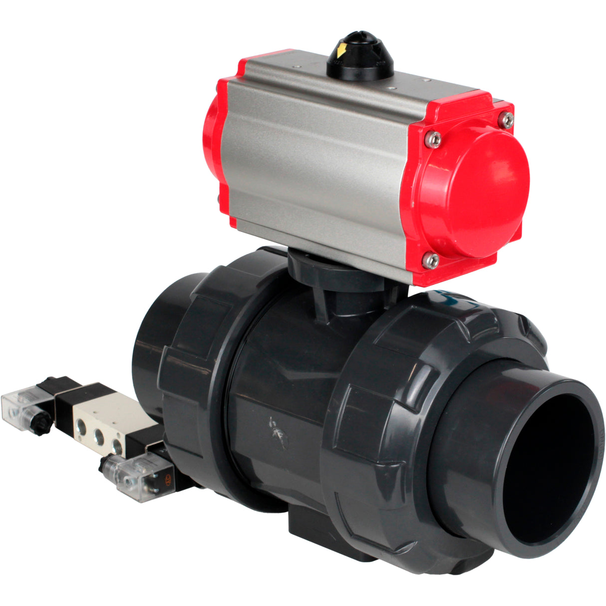 Ball valves Elephant BV4242E-FP-GRM-ISO, body material - UPVC, ball material - UPVC, seal - EPDM, with pneumatic actuator double action PA-DA and pneumatic distributor 4V320-10 220V