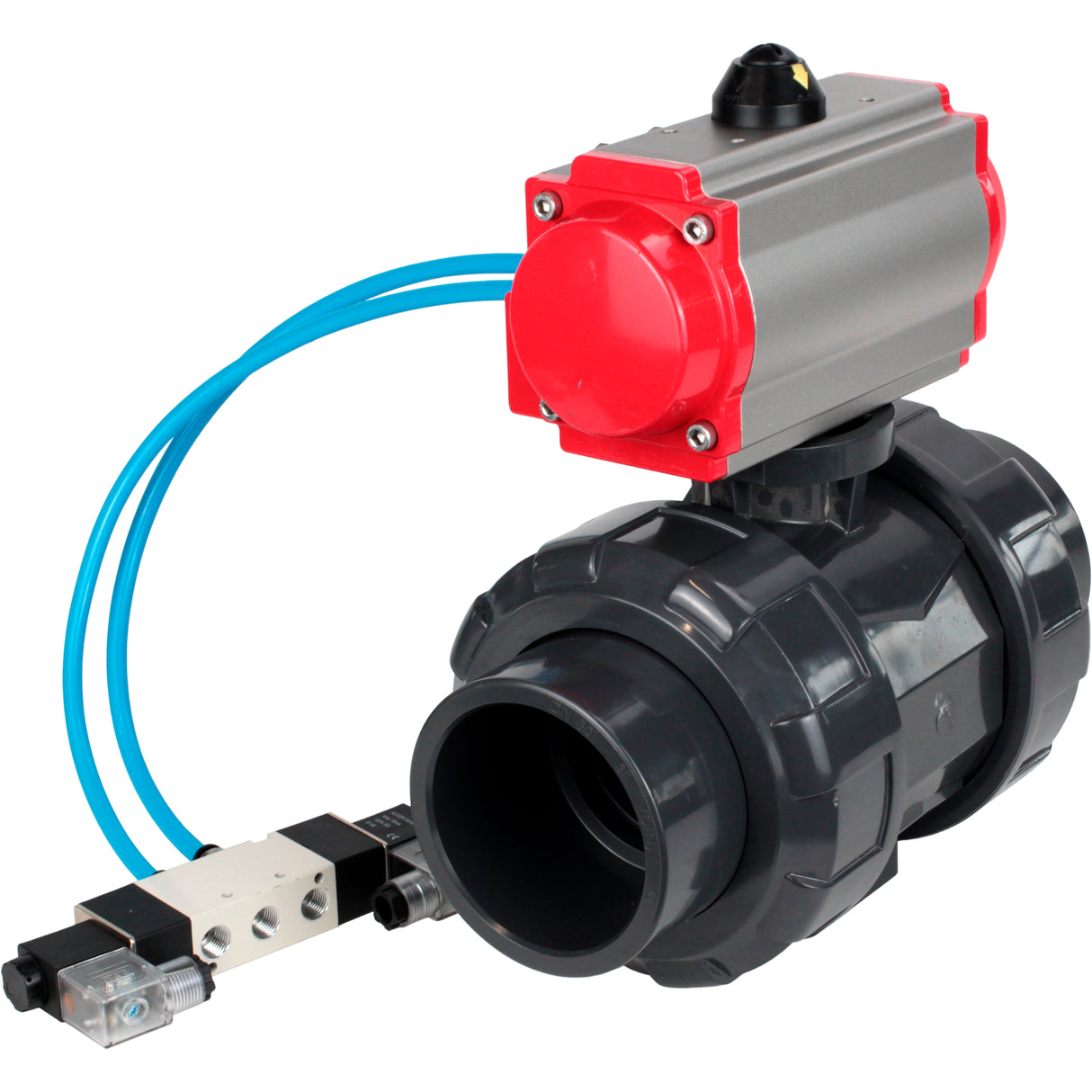 Ball valves Elephant BV4242E-FP-GRM-ISO, body material - UPVC, ball material - UPVC, seal - EPDM, with pneumatic actuator double action PA-DA and pneumatic distributor 4V320-10 220V