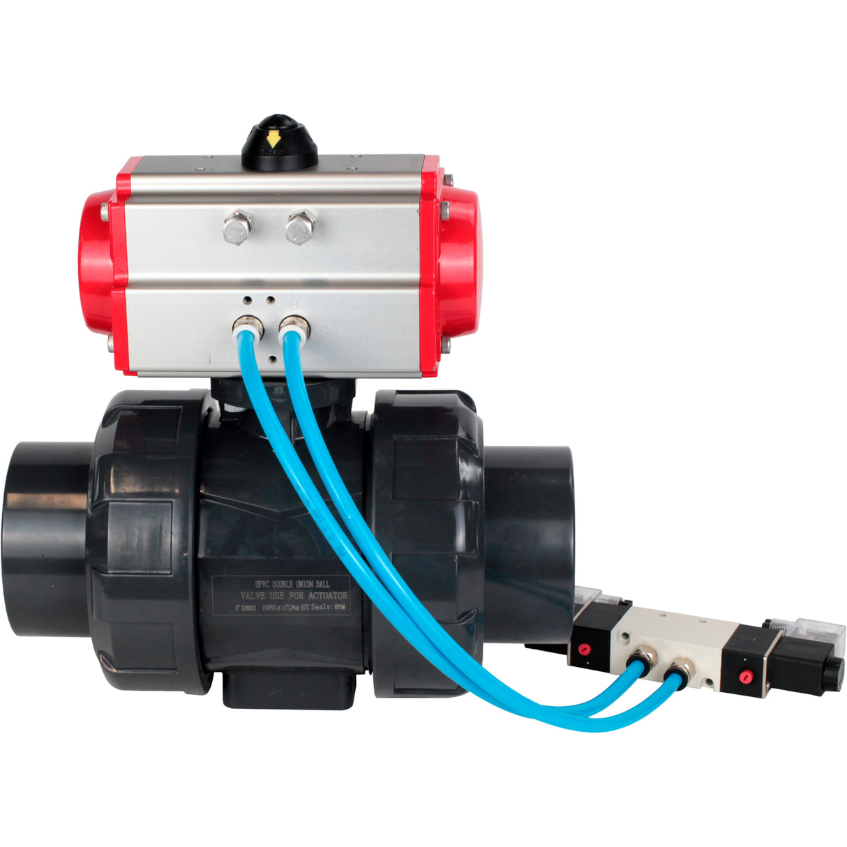 Ball valves Elephant BV4242E-FP-GRM-ISO, body material - UPVC, ball material - UPVC, seal - EPDM, with pneumatic actuator double action PA-DA and pneumatic distributor 4V320-10 220V